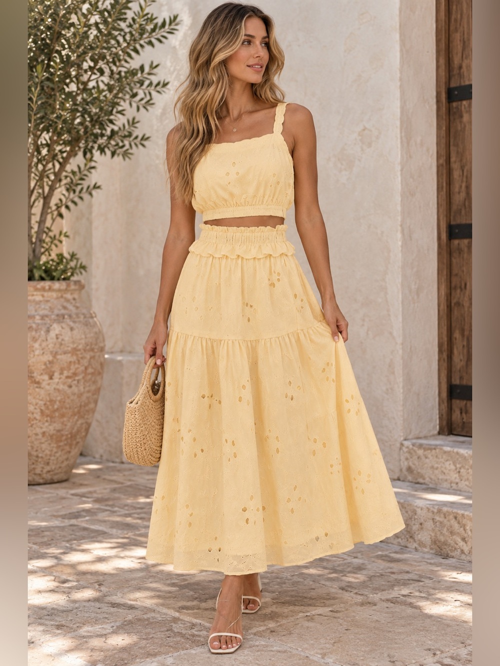 Sunlit Bloom Eyelet Tiered Midi Skirt Set